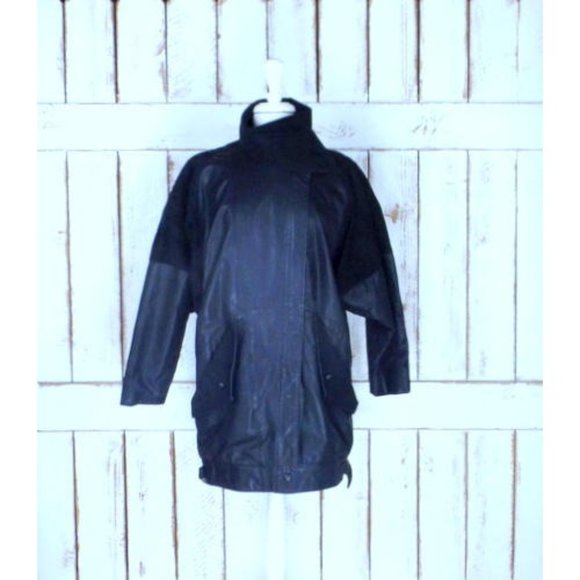 80s vintage blacksuede leather Dolman sleeve long cocoon jacket/Gino di Giorgi